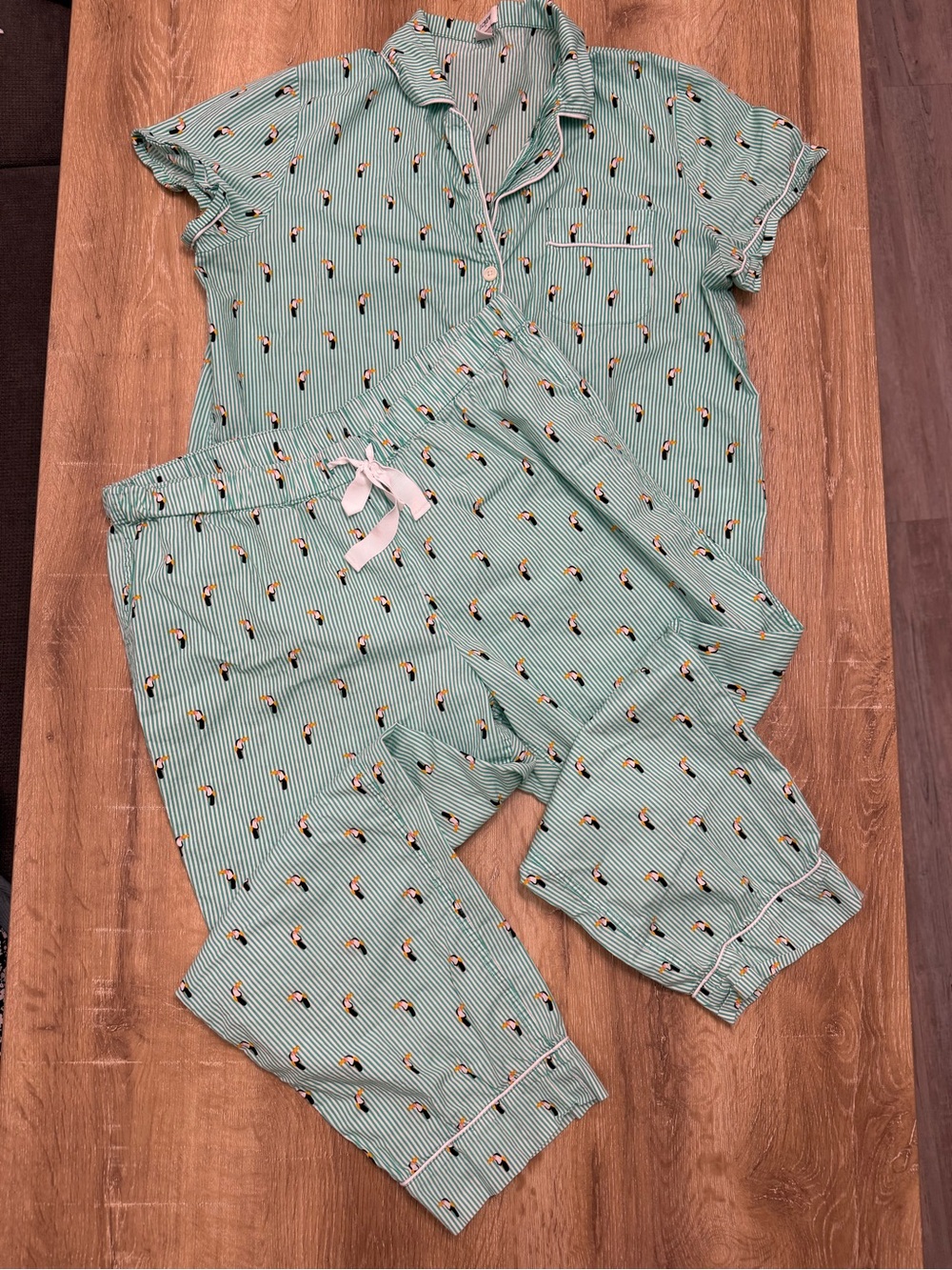 J. Crew Mint Green Striped Toucan-Print Pajama Set